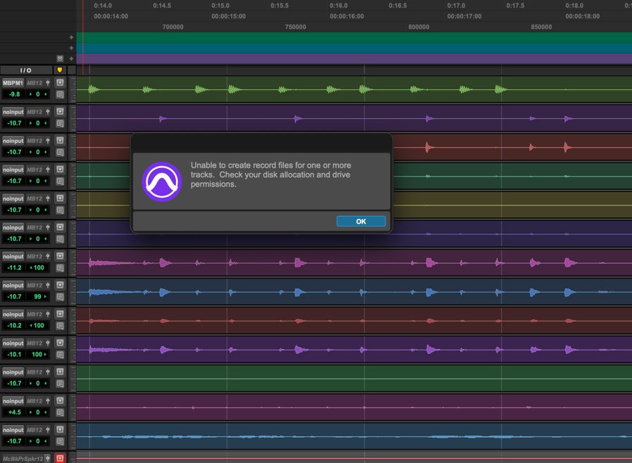 Pro Tools error "Unable to record files for one or more tracks. check your disk allocation and drive permissions".