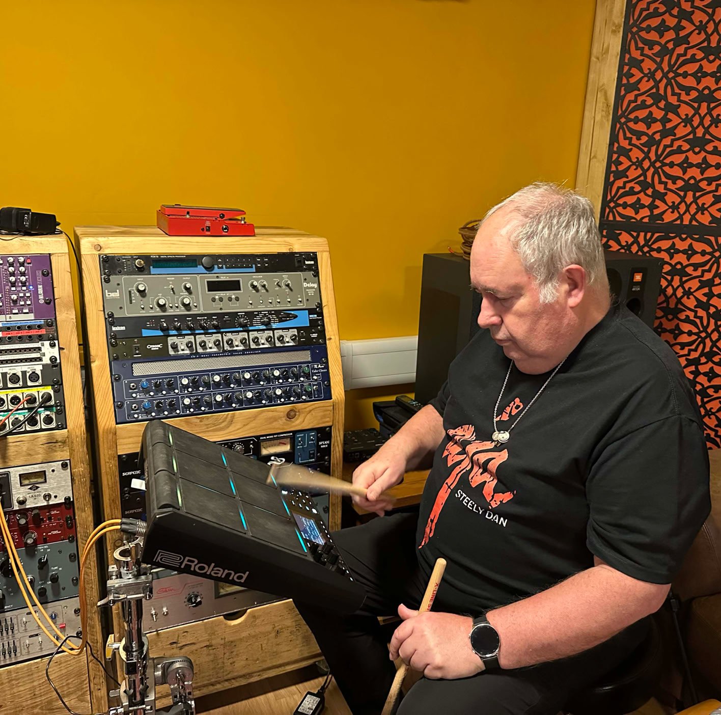 A session musician at Oastview Studio helping to build pads for sound design for a film.