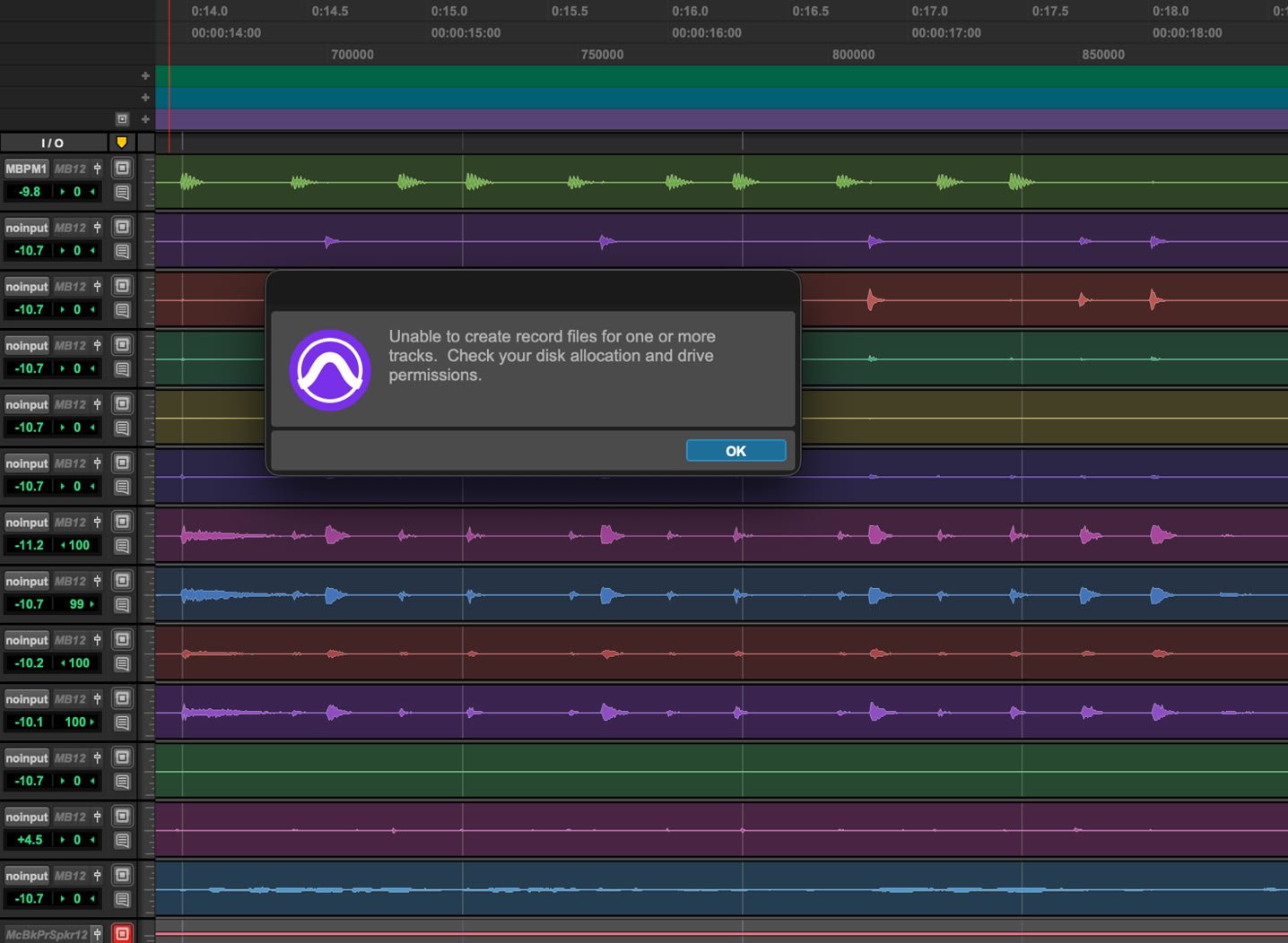 Pro Tools error "Unable to record files for one or more tracks. check your disk allocation and drive permissions".
